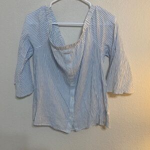 Michael Kors Light Blue & White Striped Off The Shoulder Button-Down Top